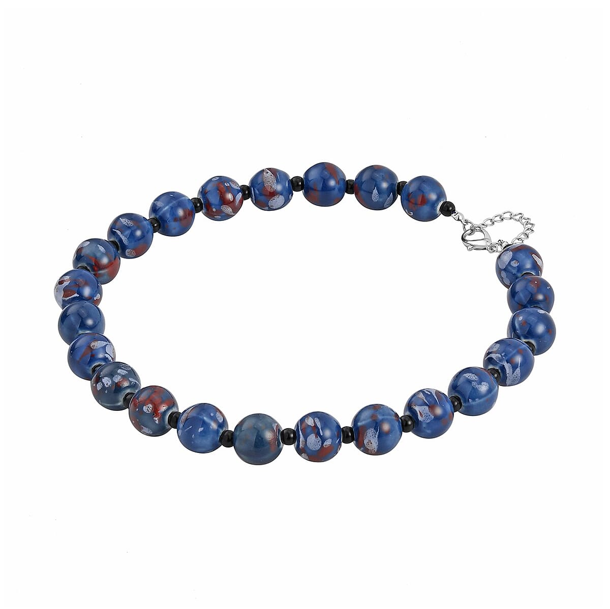 Blue Color Ceramic and Black Glass Beaded Necklace 21.5-23.5 Inches in Silvertone image number 2
