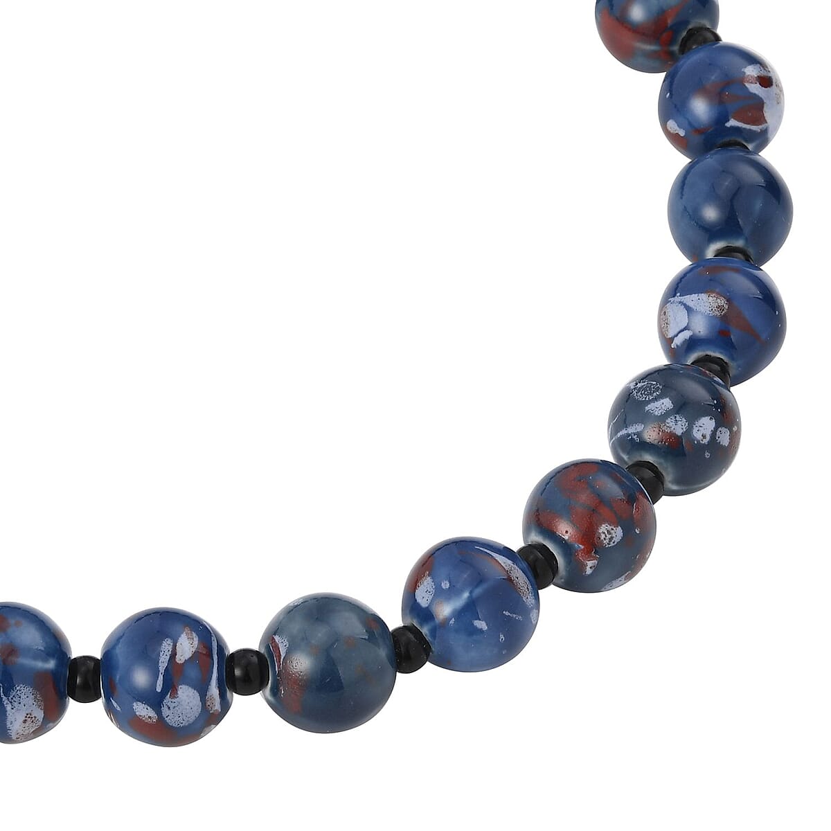 Blue Color Ceramic and Black Glass Beaded Necklace 21.5-23.5 Inches in Silvertone image number 3