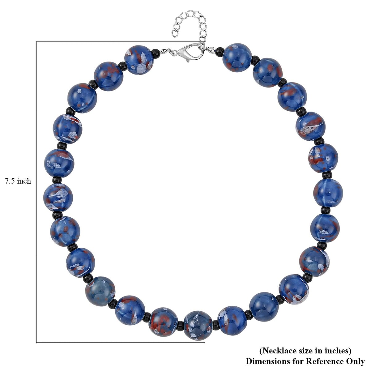 Blue Color Ceramic and Black Glass Beaded Necklace 21.5-23.5 Inches in Silvertone image number 4