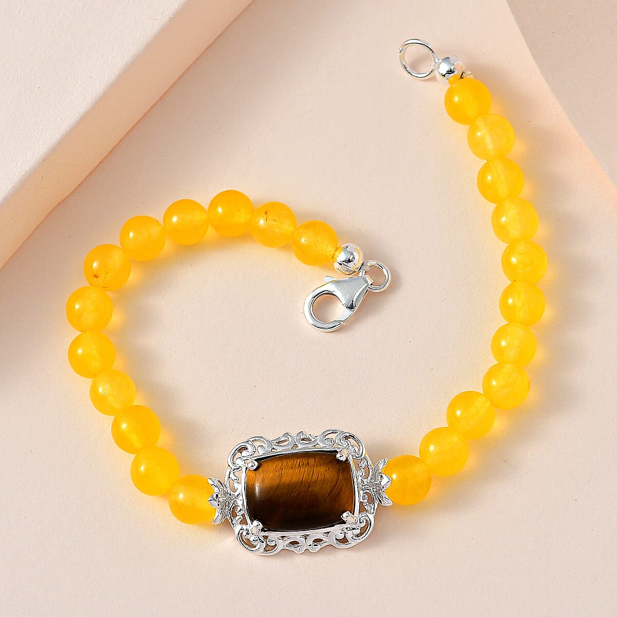 Tiger's Eye and Yellow Quartzite Bracelet in Sterling Silver (7.25 In) 48.60 ctw image number 1