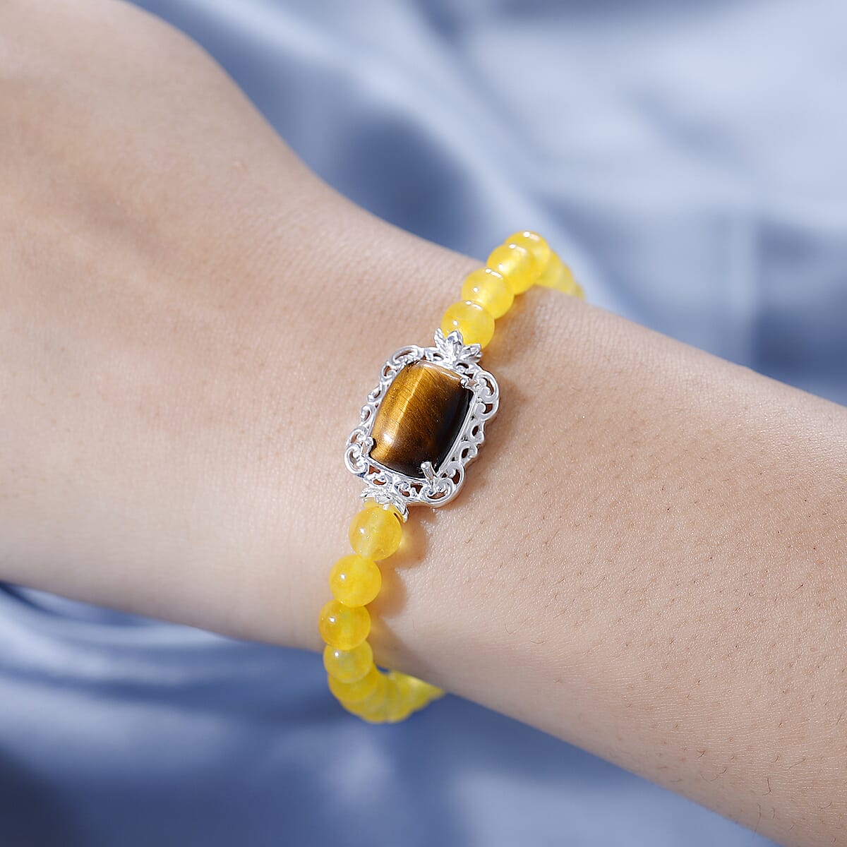 Tiger's Eye and Yellow Quartzite Bracelet in Sterling Silver (7.25 In) 48.60 ctw image number 2