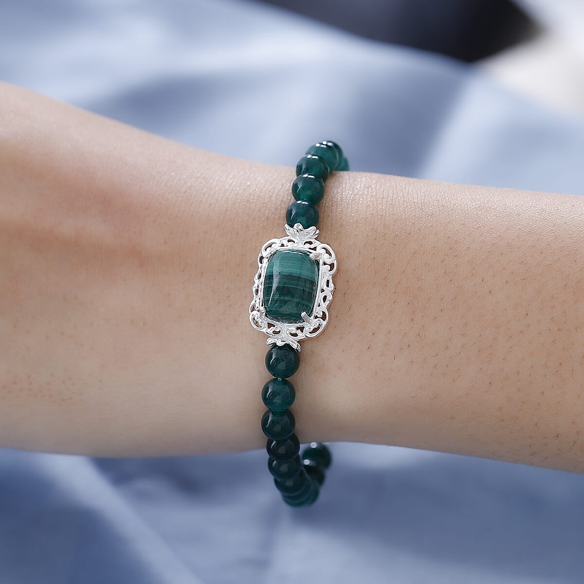 African Malachite and Green Quartzite Bracelet in Sterling Silver (7.25 In) 50.10 ctw image number 2