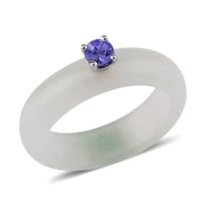 Natural Jade and Tanzanite Band Ring in Rhodium Over Sterling Silver (Size 10.0) 13.40 ctw