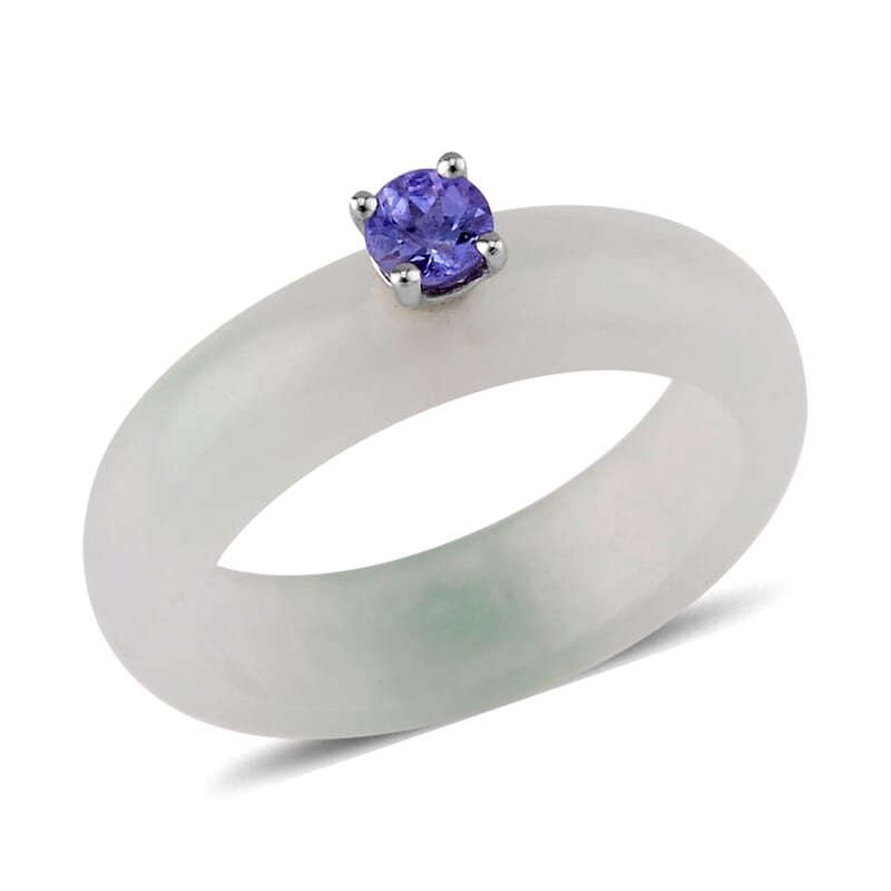 Natural Jade and Tanzanite 13.40 ctw Band Ring in Rhodium Over Sterling Silver (Size 10.0)