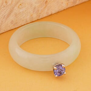 Natural Jade and Tanzanite 13.40 ctw Band Ring in Rhodium Over Sterling Silver (Size 5.0)