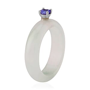 Natural Jade and Tanzanite 13.40 ctw Band Ring in Rhodium Over Sterling Silver (Size 5.0)
