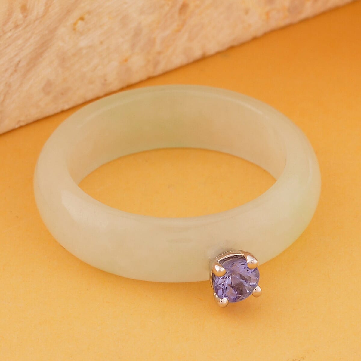 Natural Jade and Tanzanite 13.40 ctw Band Ring in Rhodium Over Sterling Silver (Size 7.0) image number 1