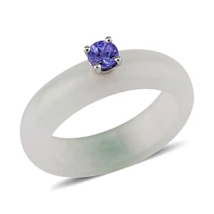 Natural Jade and Tanzanite 13.40 ctw Band Ring in Rhodium Over Sterling Silver (Size 8.0)