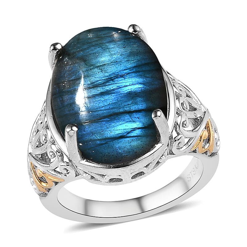 Karis AAA Malagasy Labradorite Solitaire Ring in 18K YG Plated and Platinum Bond (Size 10.0) 10.25 ctw