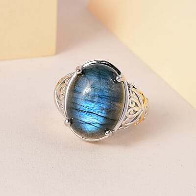 Karis AAA Malagasy Labradorite Solitaire Ring in 18K YG Plated and Platinum Bond (Size 10.0) 10.25 ctw