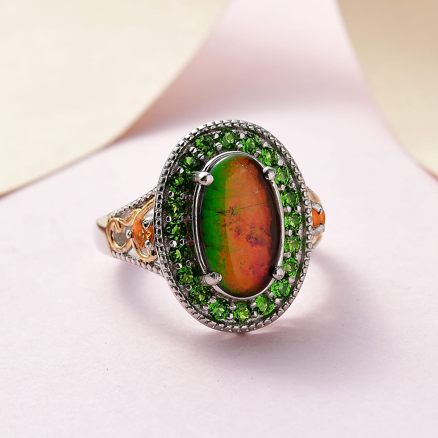 Canadian Ammolite and Multi Gemstone Halo Ring in Vermeil YG and Platinum Over Sterling Silver (Size 10.0) 0.65 ctw