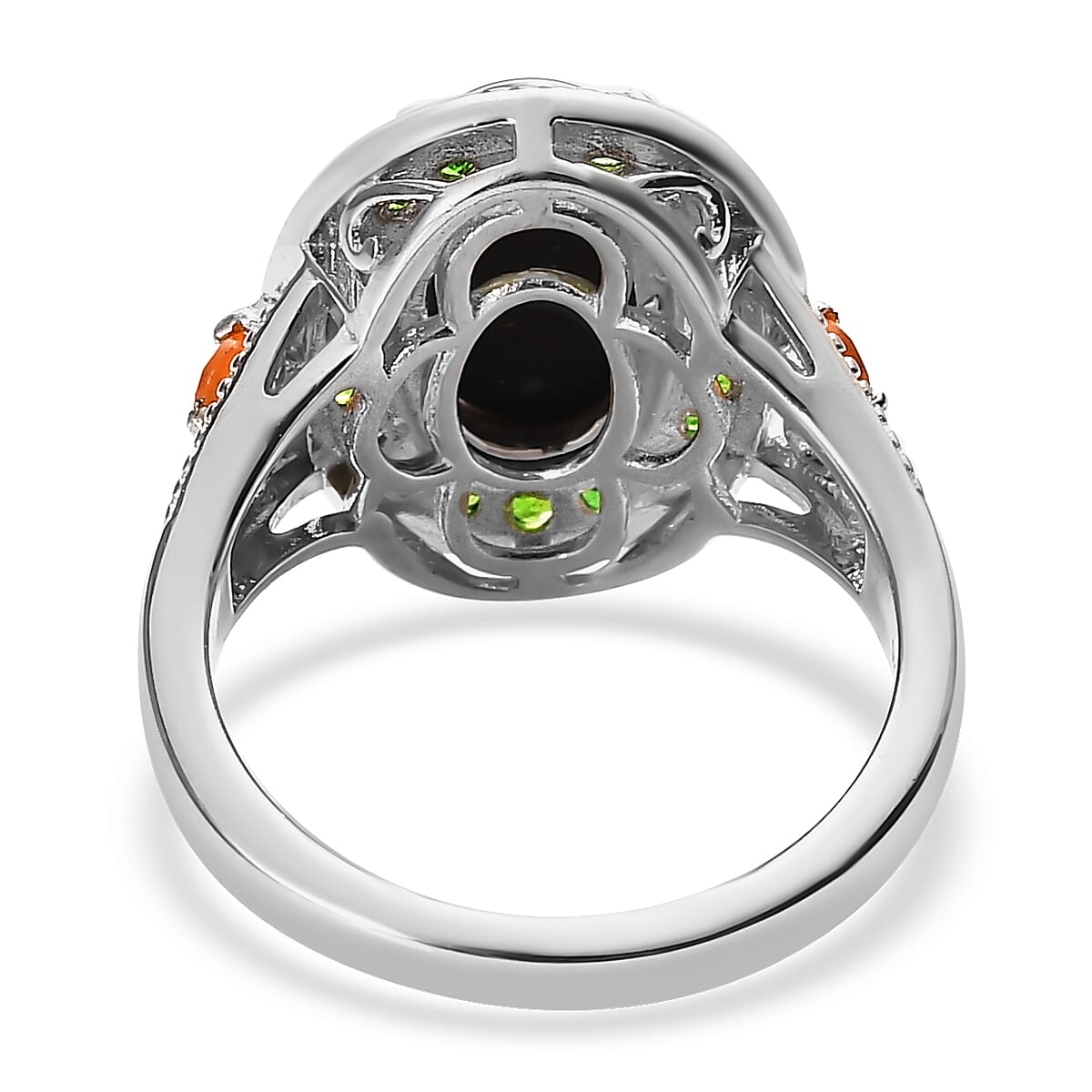 Canadian Ammolite and Multi Gemstone Halo Ring in Vermeil YG and Platinum Over Sterling Silver (Size 10.0) 0.65 ctw