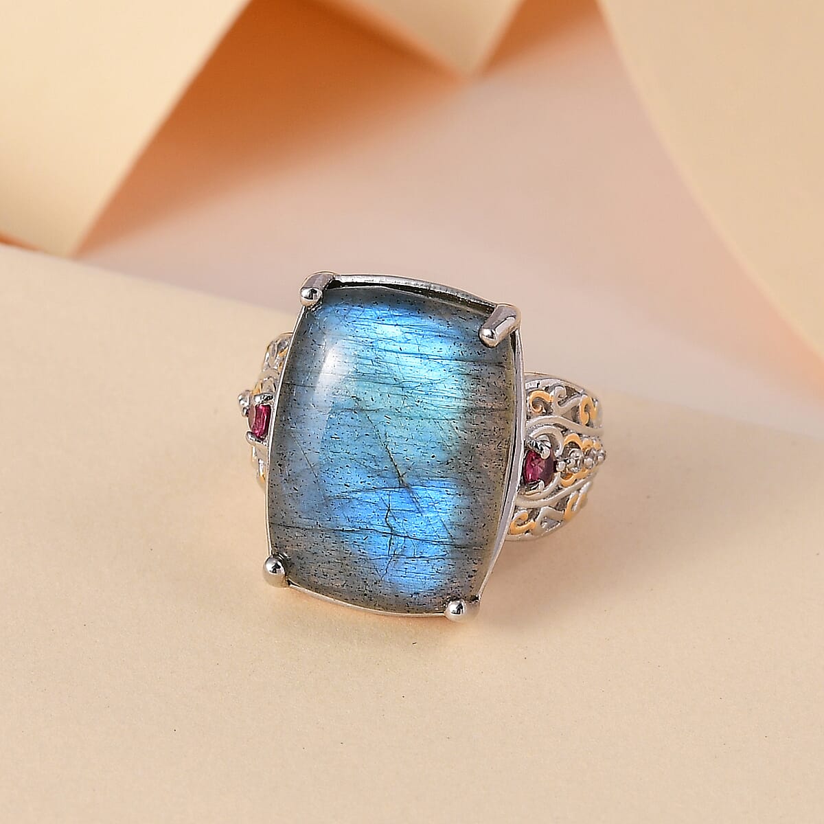 Karis AAA Malagasy Labradorite and Multi Gemstone Ring in 18K YG Plated and Platinum Bond (Size 8.0) 16.10 ctw image number 1