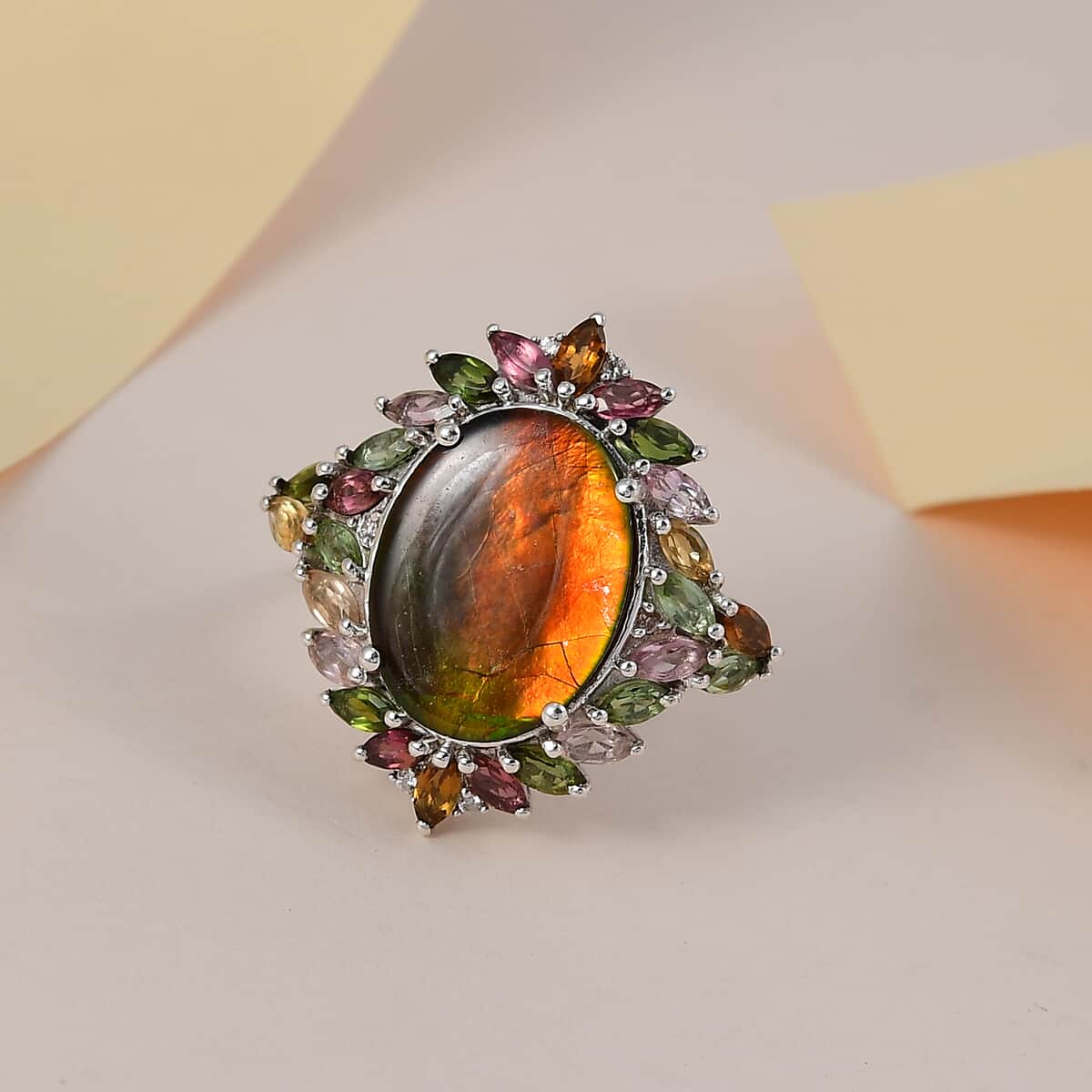 Canadian Ammolite, Multi Gemstone Ring in Platinum Over Sterling Silver (Size 6.0) 8.40 ctw image number 1