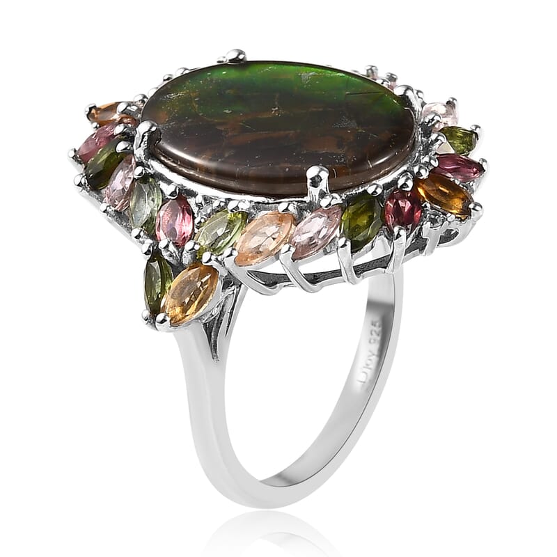 Canadian Ammolite and Multi Gemstone Floral Ring in Platinum Over Sterling Silver (Size 6.0) 2.85 ctw