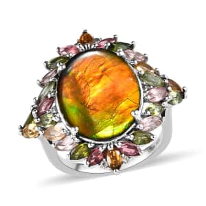 Canadian Ammolite and Multi Gemstone Floral Ring in Platinum Over Sterling Silver (Size 9.0) 2.85 ctw