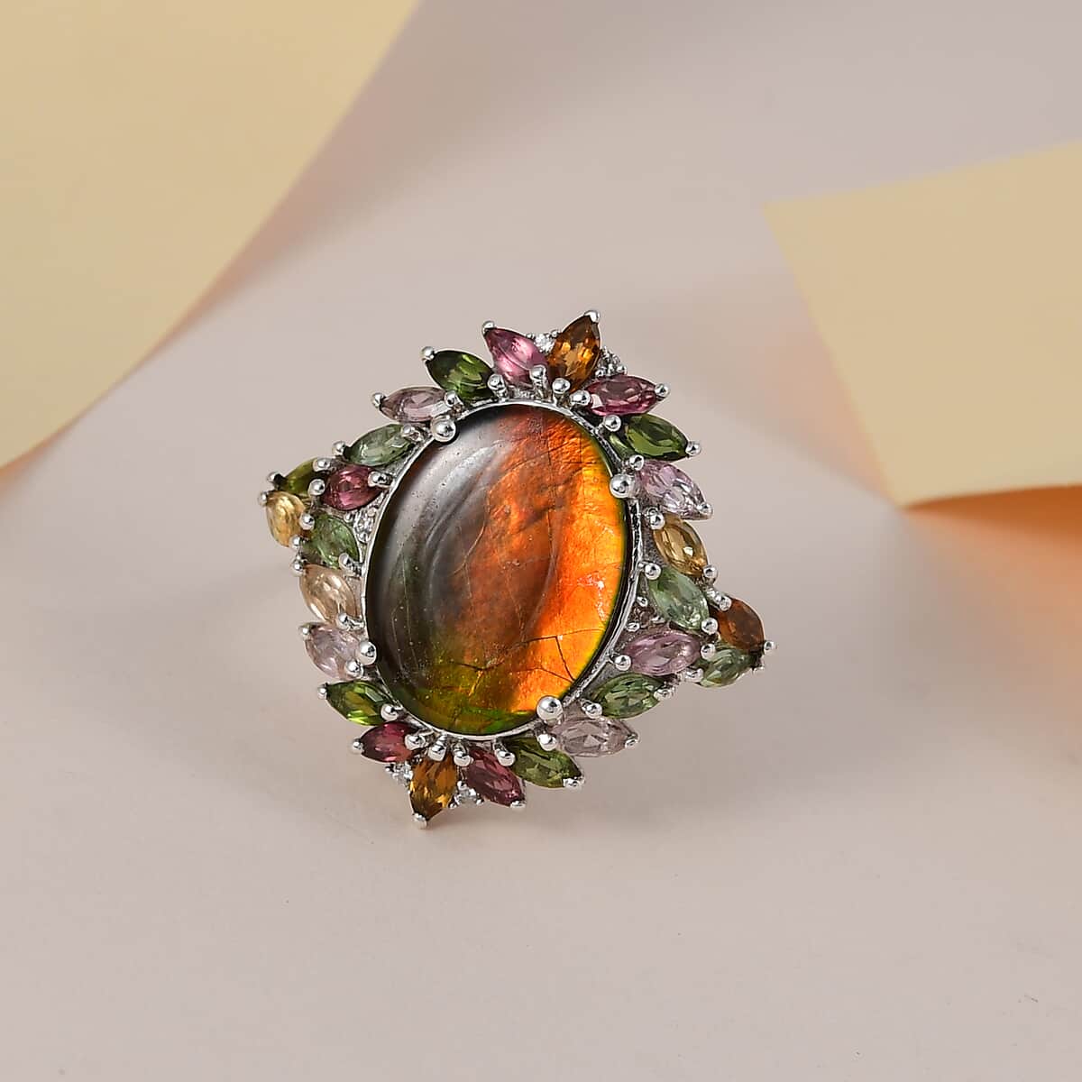 Canadian Ammolite and Multi Gemstone Floral Ring in Platinum Over Sterling Silver (Size 9.0) 2.85 ctw image number 1