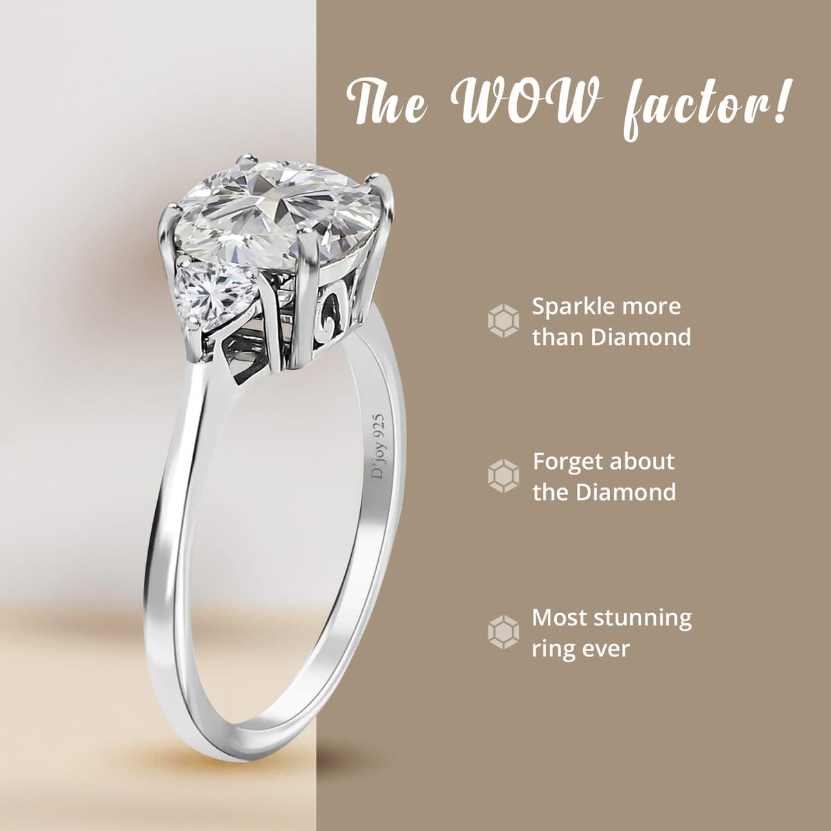 Moissanite 2.65 ctw Trilogy Ring, Moissanite Ring, Three Stone Ring, Platinum Over Sterling Silver Ring (Size 10.0) image number 3