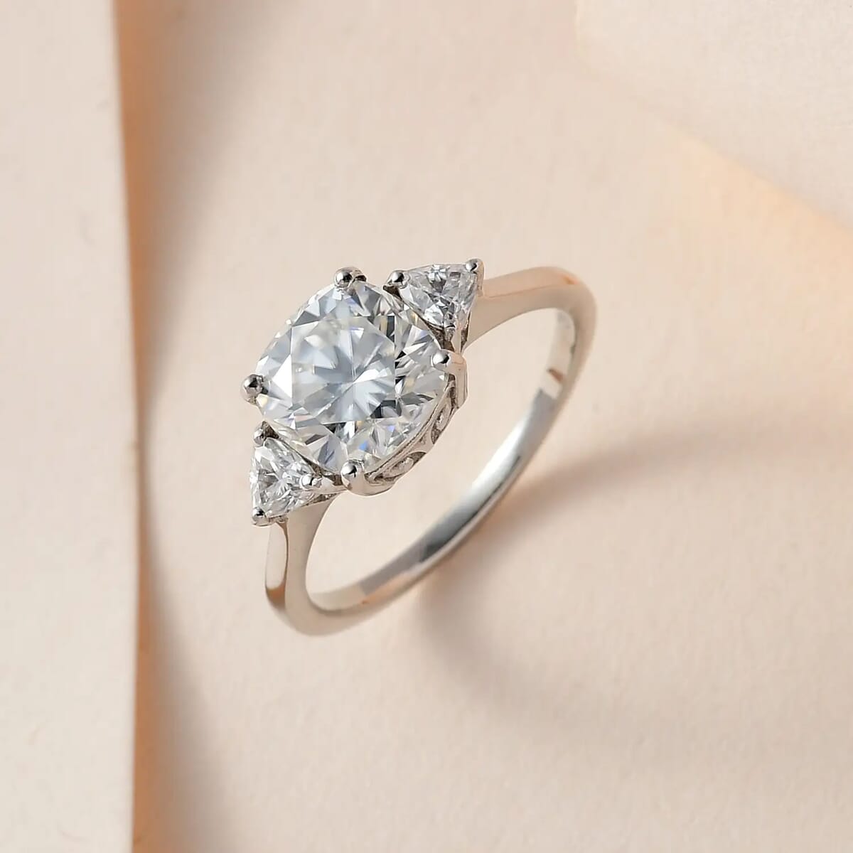 Moissanite 2.65 ctw Trilogy Ring, Moissanite Ring, Three Stone Ring, Platinum Over Sterling Silver Ring (Size 11.0) image number 1