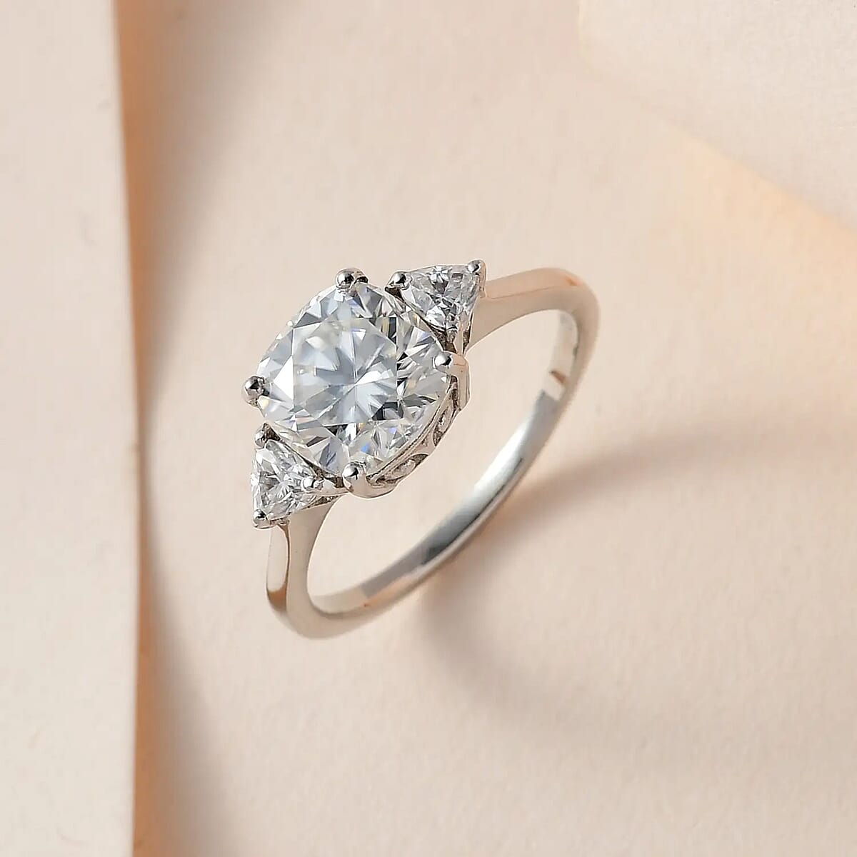 Moissanite 2.65 ctw Trilogy Ring, Moissanite Ring, Three Stone Ring, Platinum Over Sterling Silver Ring (Size 9.0) image number 1