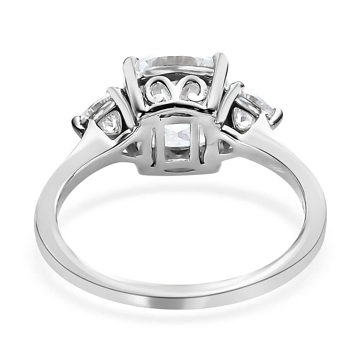 Moissanite 2.65 ctw Trilogy Ring, Moissanite Ring, Three Stone Ring, Platinum Over Sterling Silver Ring (Size 9.0) image number 5