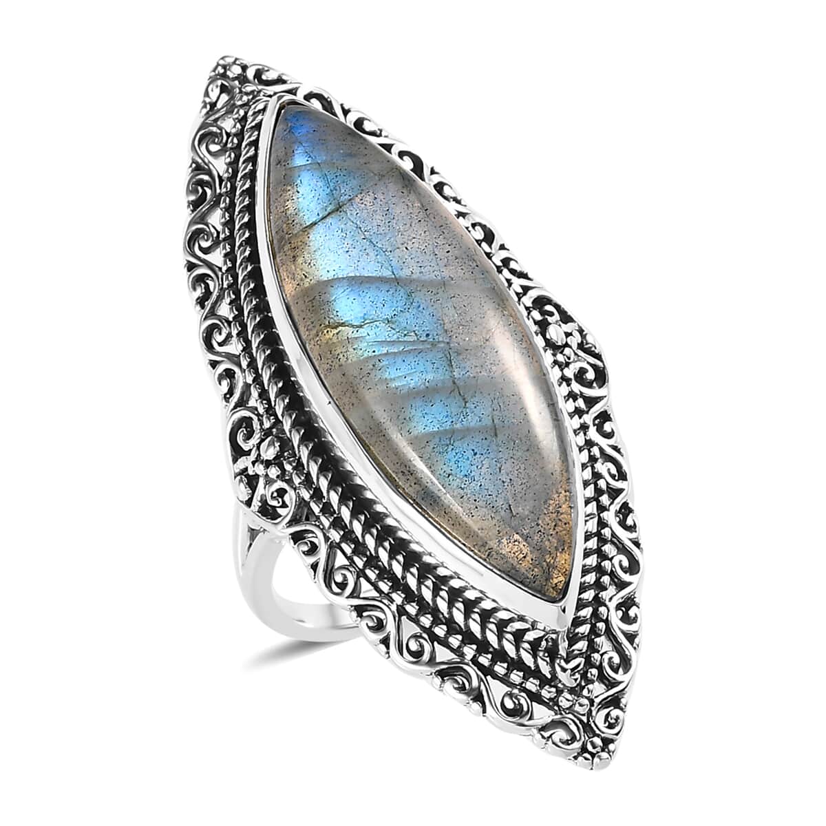 Artisan Crafted AAA Malagasy Labradorite Marquee Shape Solitaire Ring in Sterling Silver (Size 10.0) 14.15 ctw image number 0