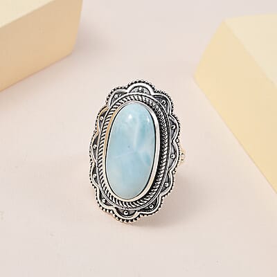 Artisan Crafted Larimar Oval Shape Solitaire Ring in Sterling Silver, Oval Engagement Ring (Size 10.0) 10.00 ctw