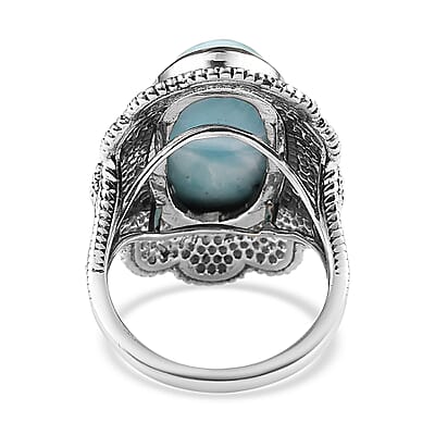 Artisan Crafted Larimar Oval Shape Solitaire Ring in Sterling Silver, Oval Engagement Ring (Size 10.0) 10.00 ctw