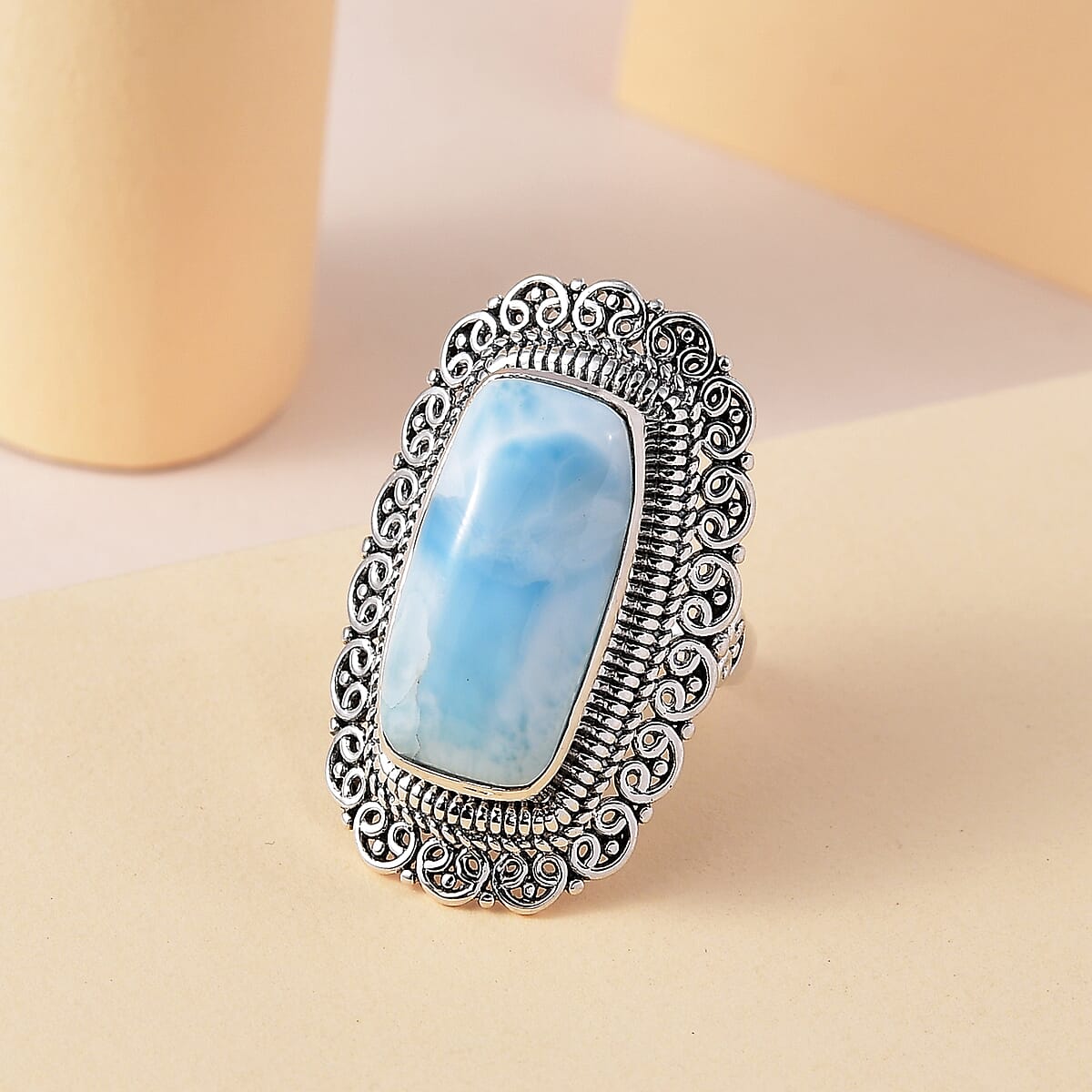 Artisan Crafted Larimar Cushion Shape Solitaire Ring in Sterling Silver, Oval Engagement Ring (Size 9.0) 11.75 ctw image number 1