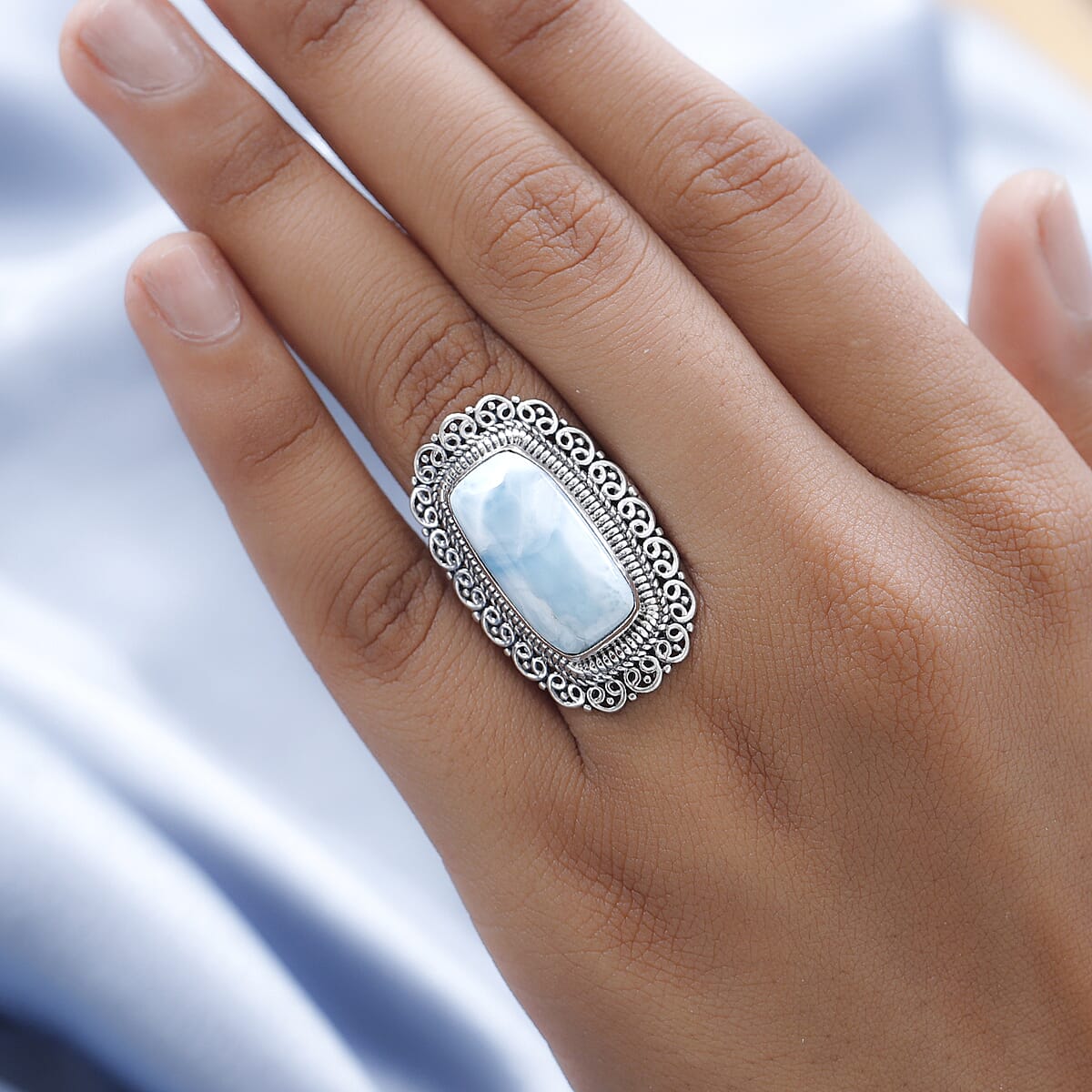 Artisan Crafted Larimar Cushion Shape Solitaire Ring in Sterling Silver, Oval Engagement Ring (Size 9.0) 11.75 ctw image number 2