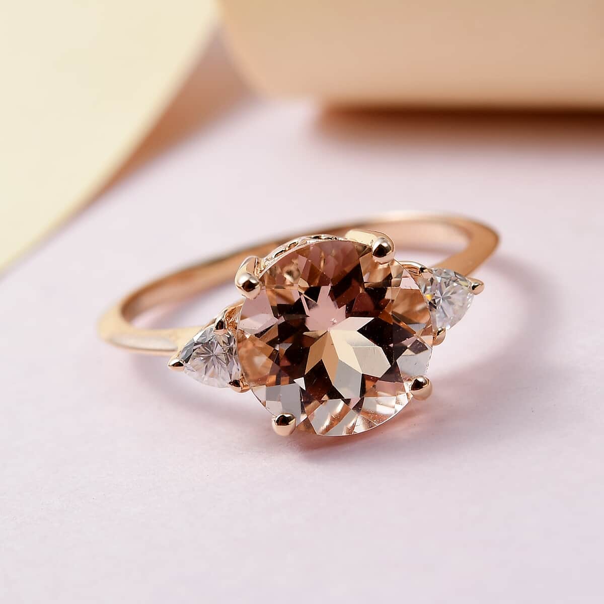 LUXORO 10K Rose Gold AAA Marropino Morganite and Moissanite Ring 2.35 Grams 2.65 ctw image number 1