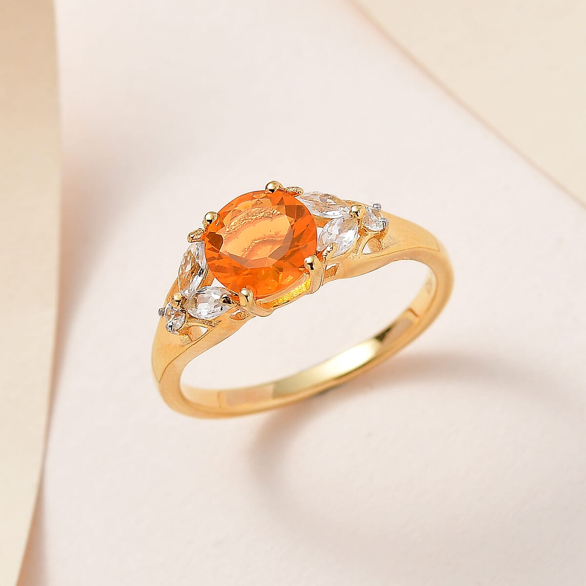 Premium Brazilian Fire Opal and Natural White Zircon Ring in Vermeil Yellow Gold Over Sterling Silver 1.20 ctw image number 1