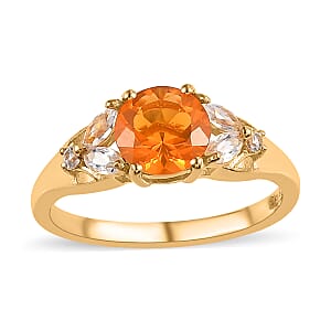 Premium Brazilian Fire Opal and White Zircon Ring in Vermeil Yellow Gold Over Sterling Silver (Size 7.0) 1.20 ctw