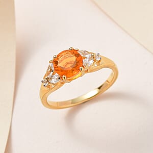 Premium Brazilian Fire Opal and White Zircon Ring in Vermeil Yellow Gold Over Sterling Silver (Size 7.0) 1.20 ctw