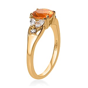 Premium Brazilian Fire Opal and White Zircon Ring in Vermeil Yellow Gold Over Sterling Silver (Size 7.0) 1.20 ctw