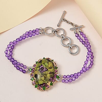 Tasmanian Stichtite and Multi Gemstone Bracelet in Vermeil YG and Platinum Over Sterling Silver (6.50-8.50In) 31.00 ctw