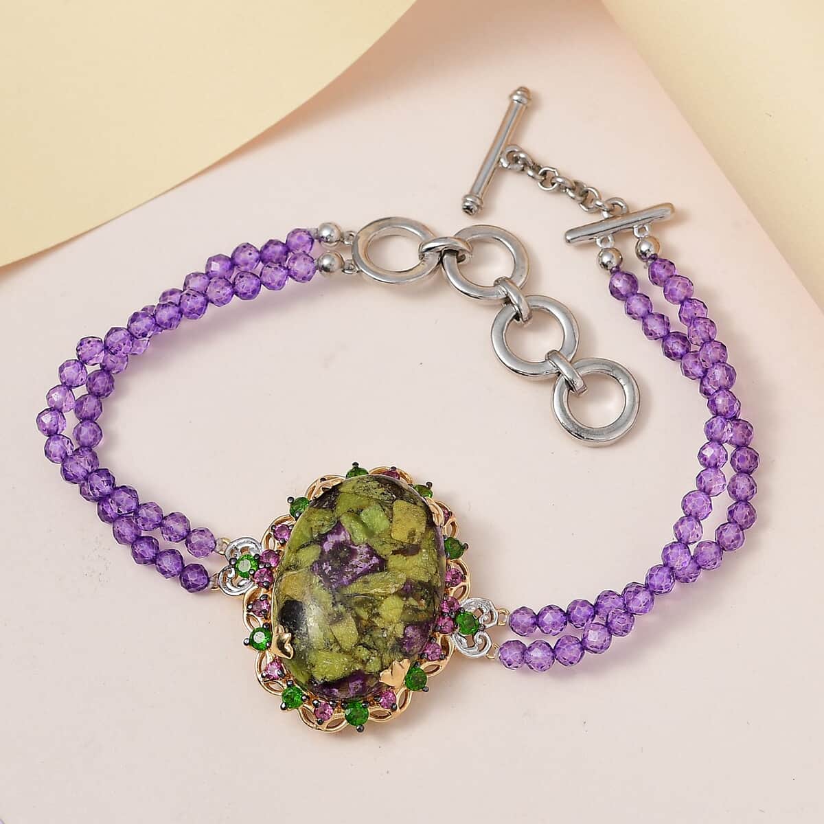 Tasmanian Stichtite and Multi Gemstone Bracelet in Vermeil YG and Platinum Over Sterling Silver (6.50-8.50In) 31.00 ctw image number 1