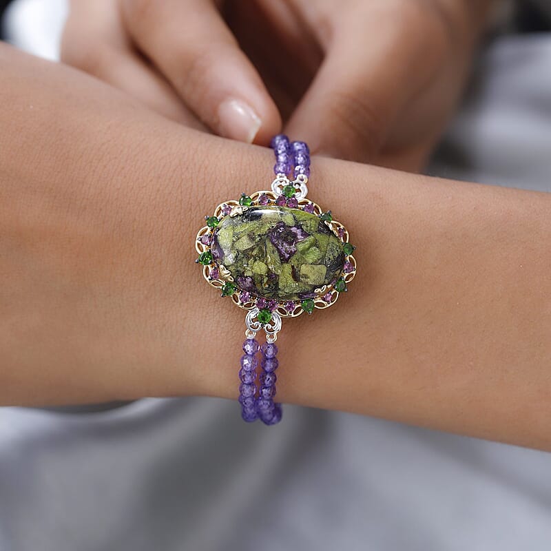Tasmanian Stichtite and Multi Gemstone Bracelet in Vermeil YG and Platinum Over Sterling Silver (6.50-8.50In) 31.00 ctw
