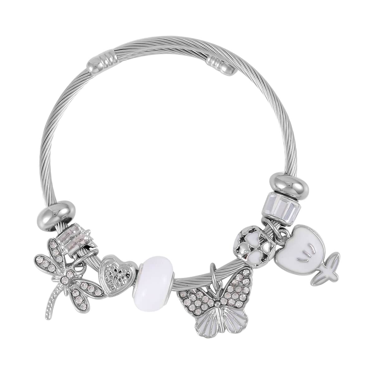 Austrian Crystal, White Glass, Enameled Bracelet (6.5-7.5In) in Stainless Steel & Silvertone image number 0