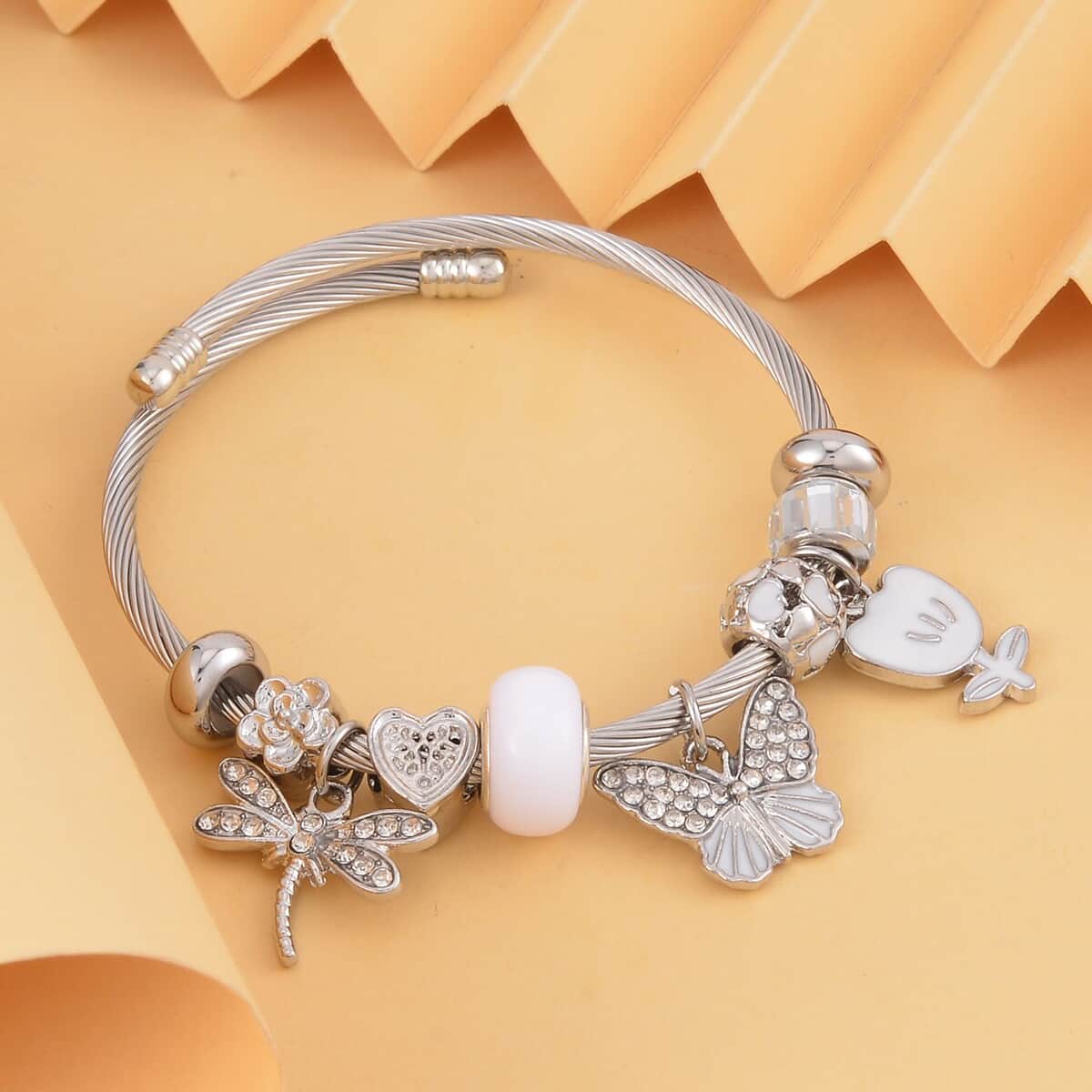 Austrian Crystal, White Glass, Enameled Bracelet (6.5-7.5In) in Stainless Steel & Silvertone image number 1