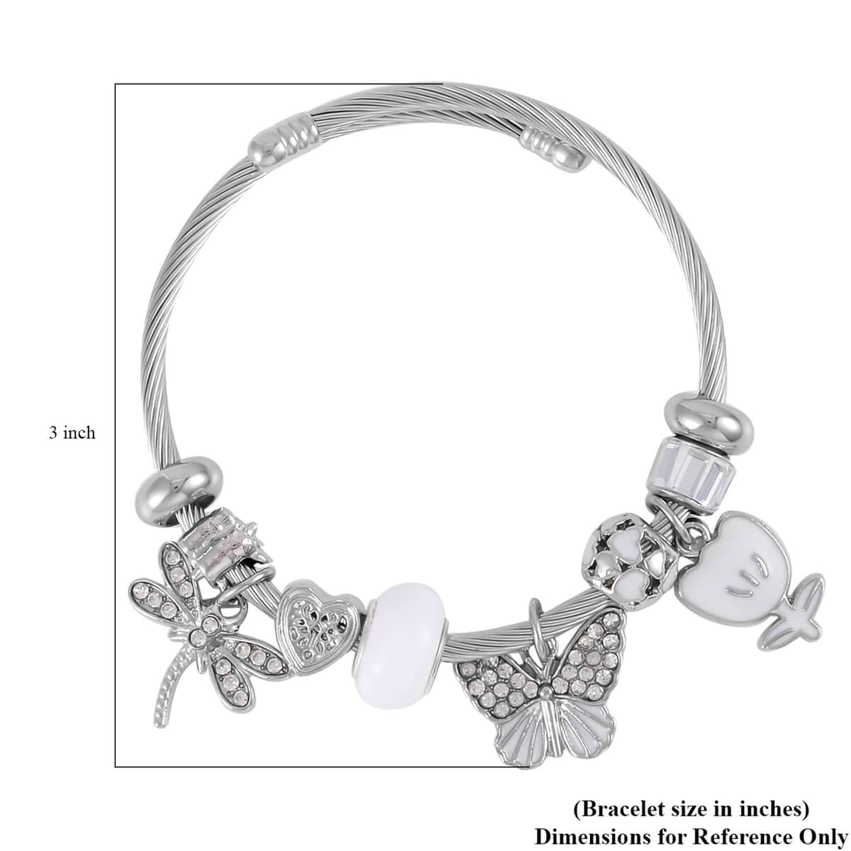 Austrian Crystal, White Glass, Enameled Bracelet (6.5-7.5In) in Stainless Steel & Silvertone image number 2