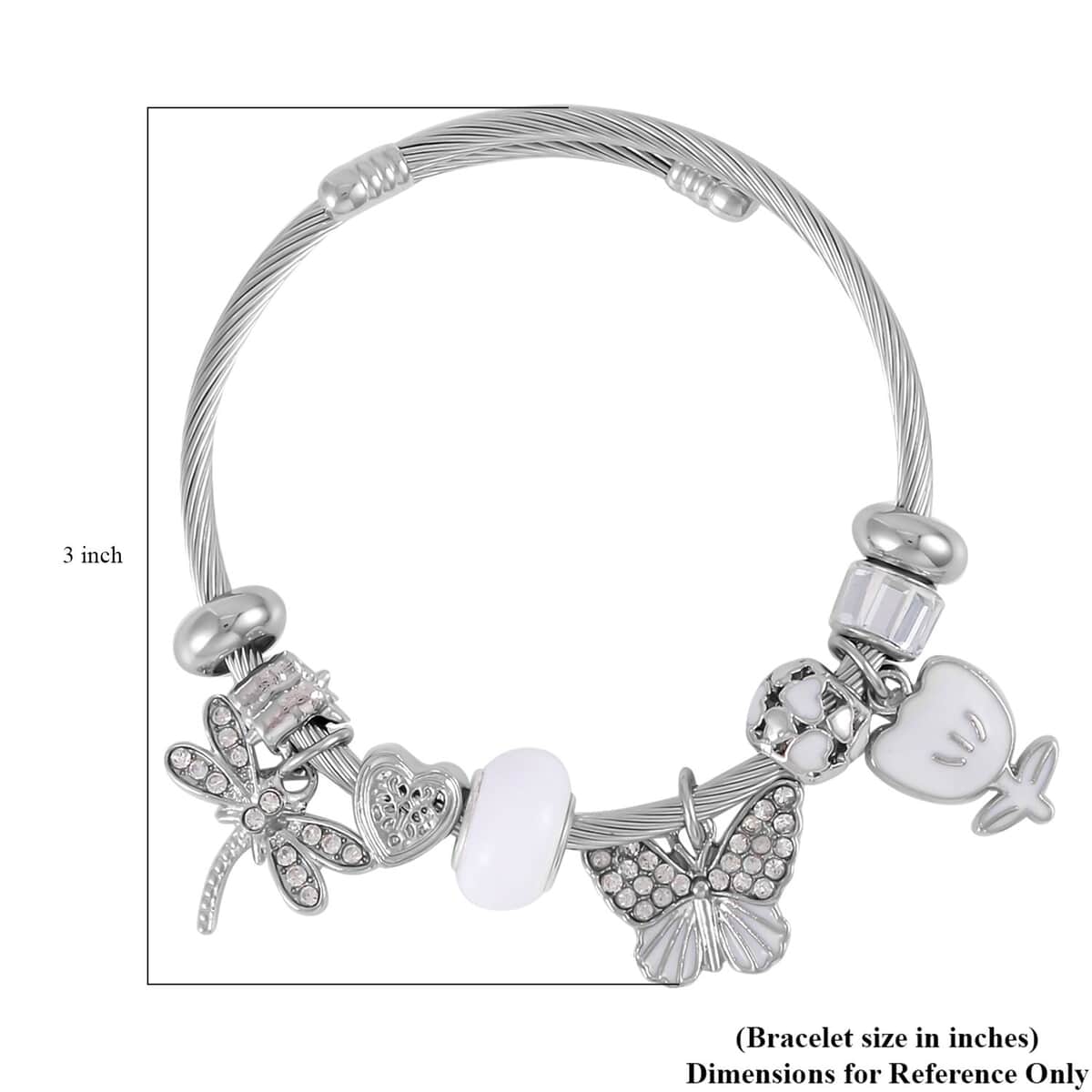 Austrian Crystal, White Glass, Enameled Bracelet (6.5-7.5In) in Stainless Steel & Silvertone , Tarnish-Free, Waterproof, Sweat Proof Jewelry image number 2