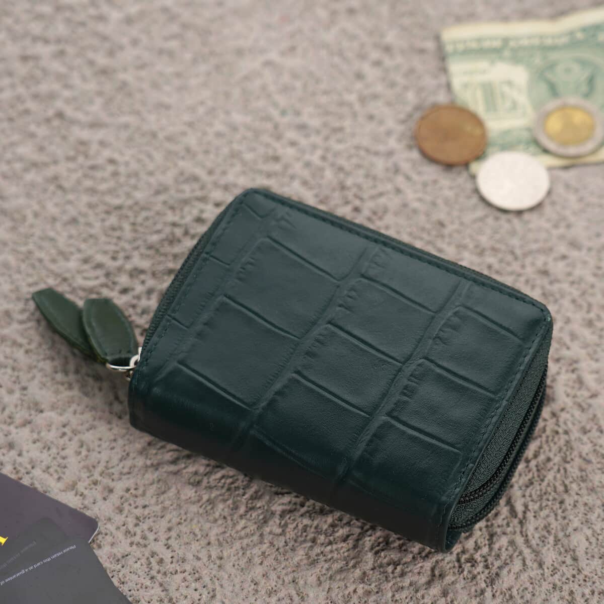 Passage Dark Green Genuine Leather Croco Embossed RFID Women's Wallet image number 1