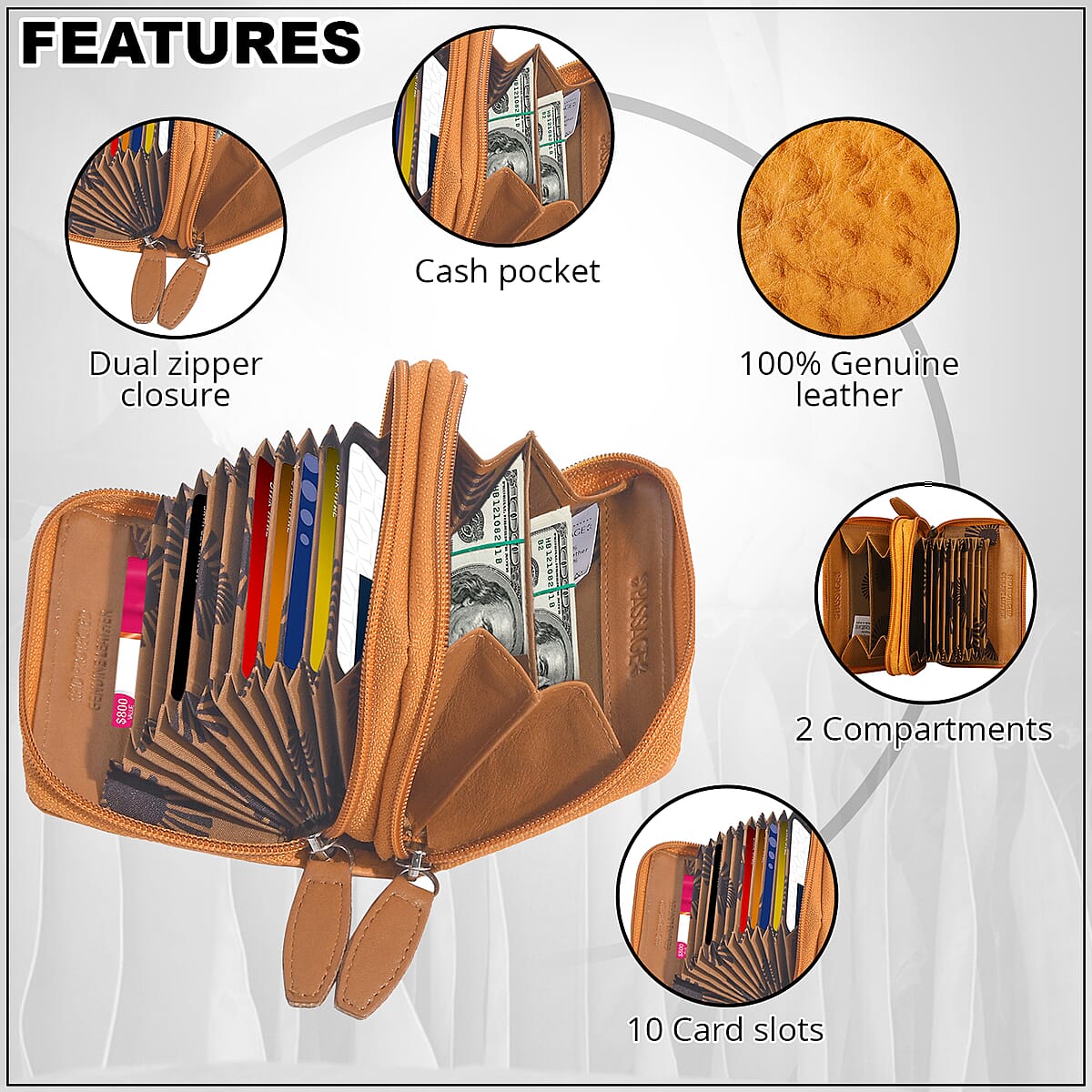 Passage Cognac Genuine Leather Ostrich Embossed RFID Women's Wallet image number 3