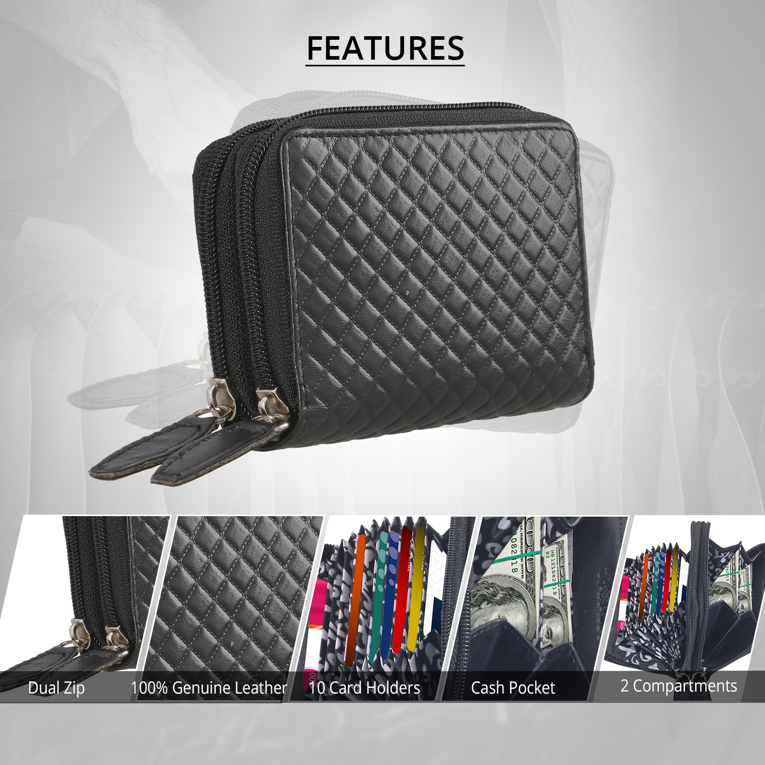 Passage Black Genuine Leather Quilted Embossed RFID Women's Wallet