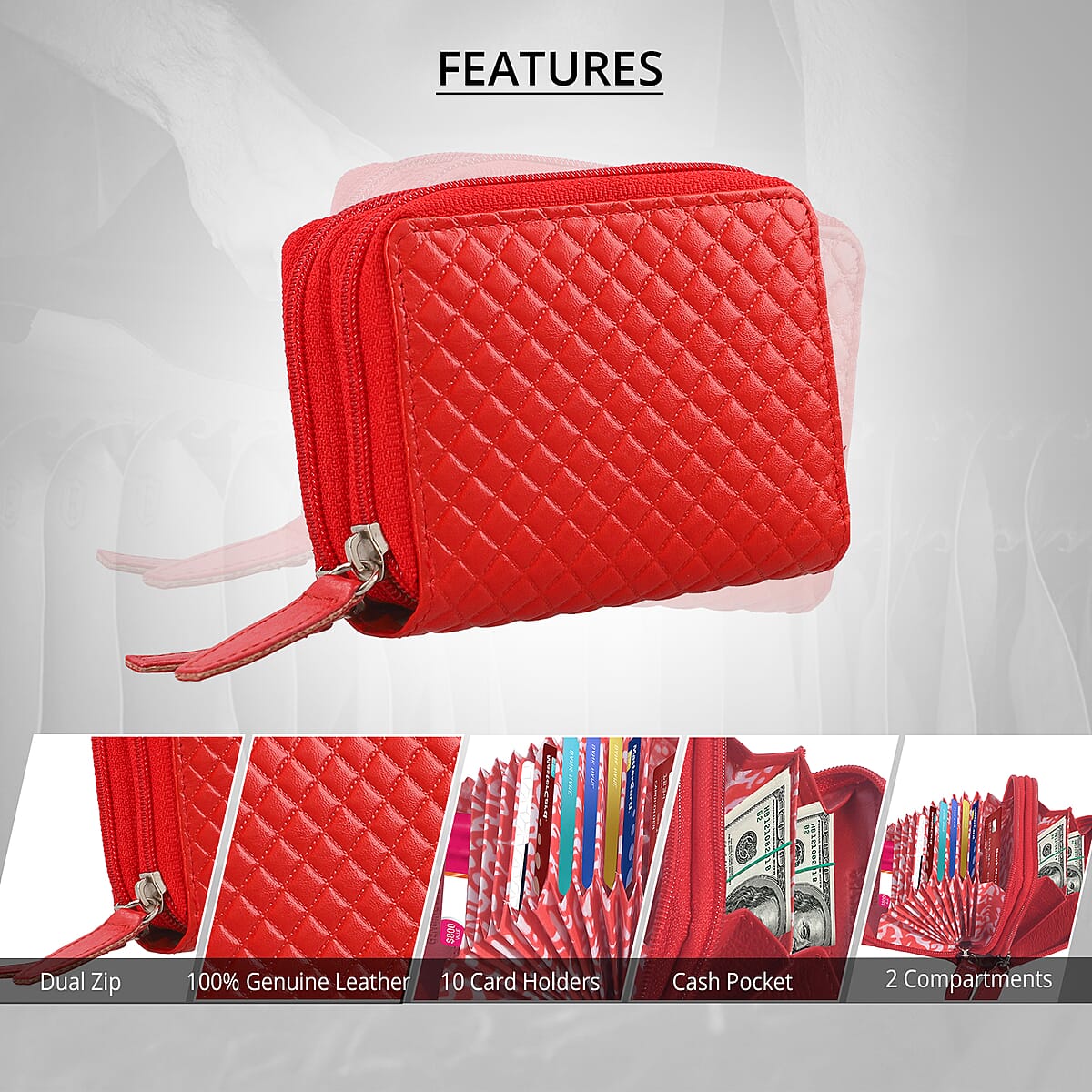 Passage Red Genuine Leather Quilted Embossed RFID Women's Wallet image number 3