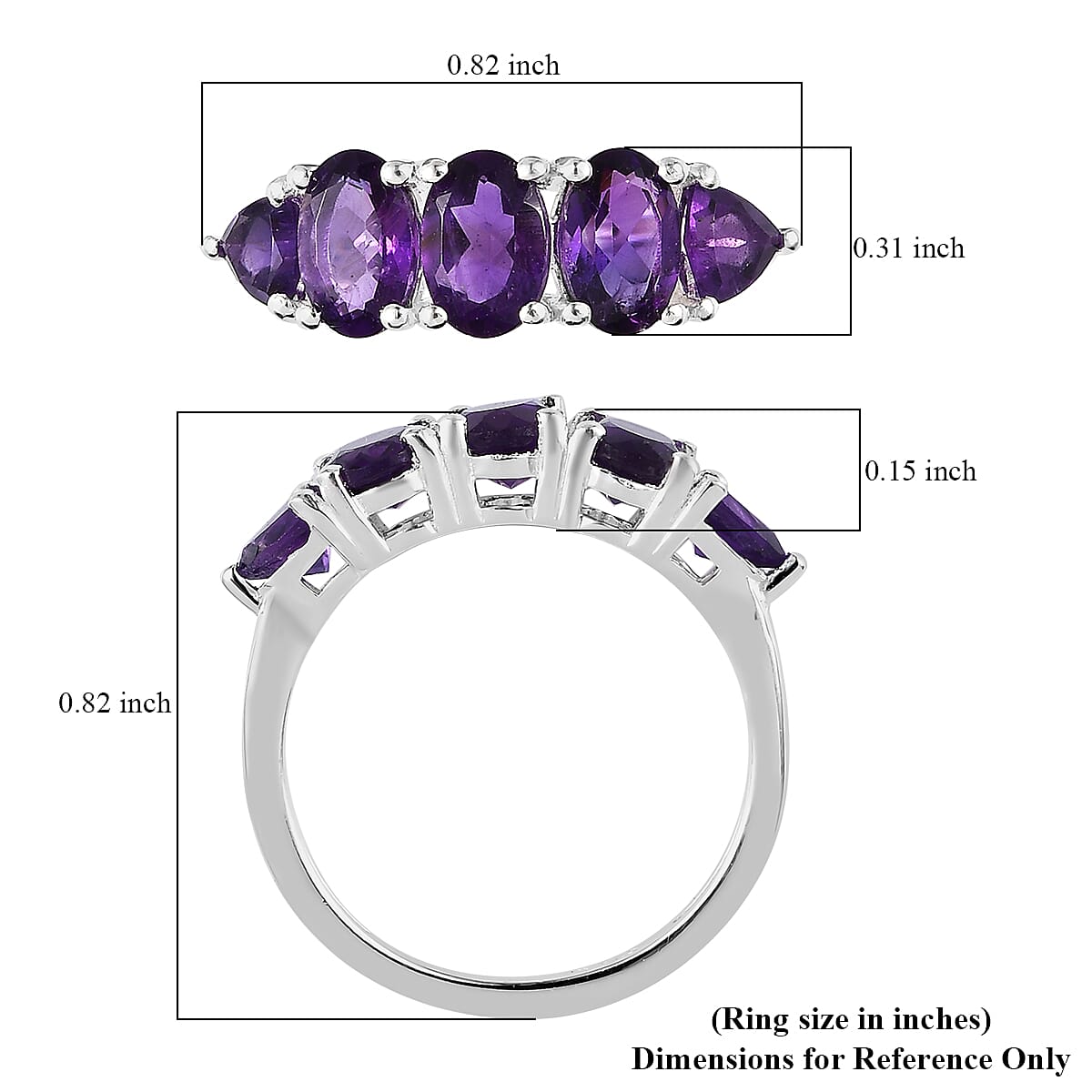 Amethyst 5 Stone Ring in Sterling Silver (Size 10.0) 1.60 ctw