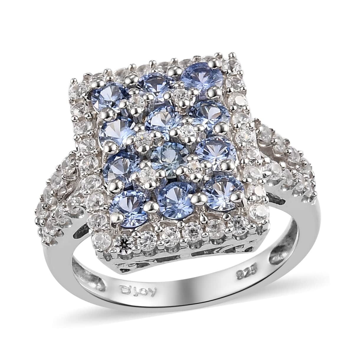 Blue Ceylon Sapphire and Zircon Cluster Ring in Platinum Over Sterling Silver (Size 7.0) 2.85 ctw image number 0