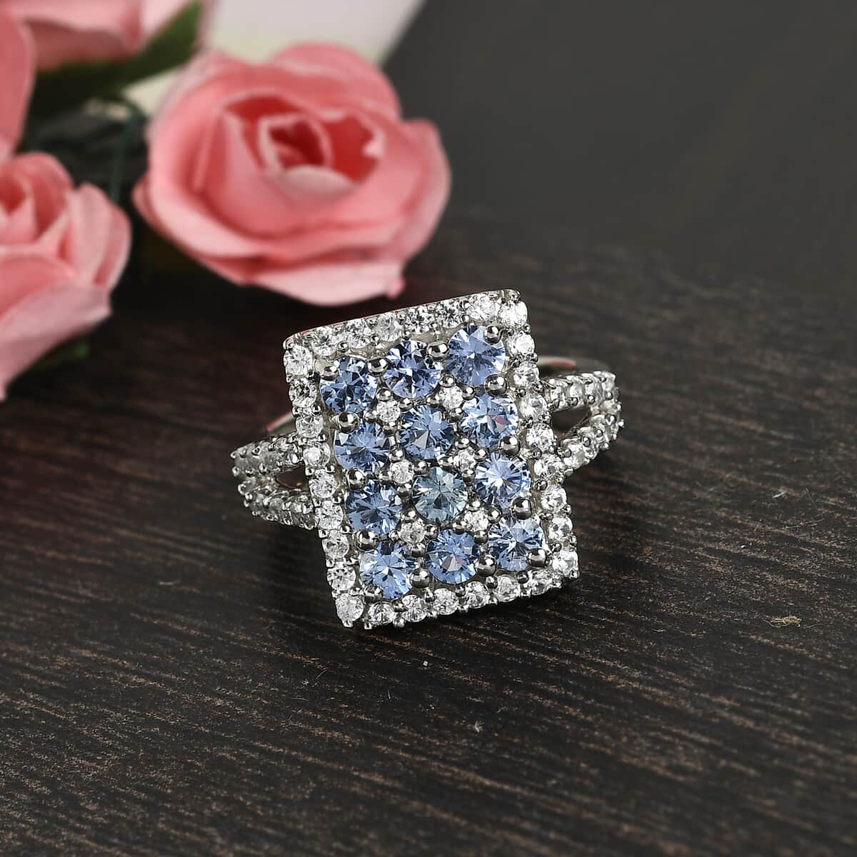 Blue Ceylon Sapphire, Zircon Cluster Ring in Platinum Over Sterling Silver 2.85 ctw image number 1