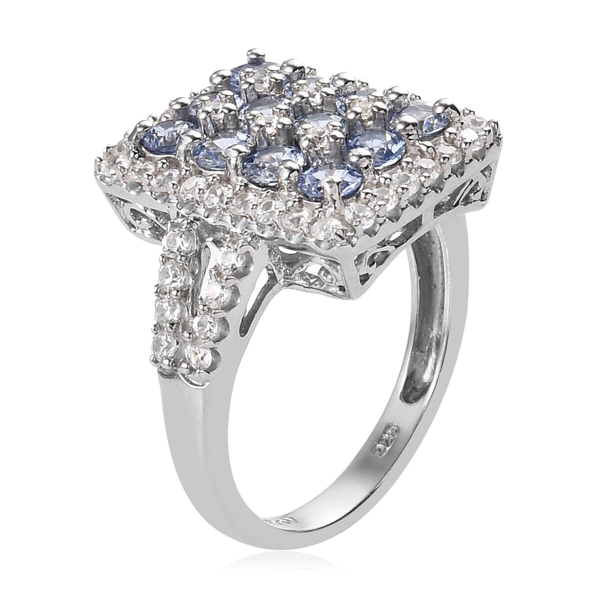 Blue Ceylon Sapphire and Zircon Cluster Ring in Platinum Over Sterling Silver (Size 7.0) 2.85 ctw image number 3